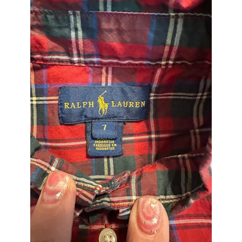 Ralph Lauren Boys Red Plaid Button Down Shirt Size 7 Long Sleeve Cotton Pony